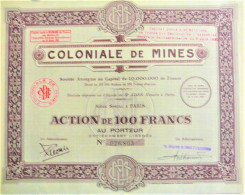 S.A. Coloniale Des Mines - Action De 100 Francs  (1929) - Afrika