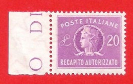 1955/90 (12/l) Recapito Autorizzato Filigrana Stella I Lire 20 - Nuovo - Express/pneumatic Mail