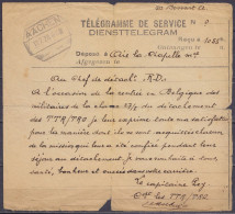 Armée Belge - Télégramme De Service Déposé à AIX-LA-CHAPELLE Càpt "AACHEN /12.7.1928" Concerne La Rentrée En Belgique De - Telegramme