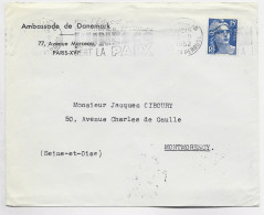 GANDON 15FR LETTRE COVER ENTETE AMBASSADE DE DANEMARK DANMARK PARIS 1952 + VERSO VIGNETTE - Lettres & Documents