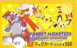 Carte Prépayée Japon * McDonald's JAPON (289) MacDonald's * McDonald's * JAPAN *  PHONECARD * KARTE * POKEMON - Publicité