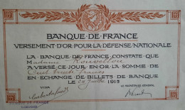 Banque De France - Versement Pour La Défense Nationale - 1915 - Bank En Verzekering