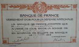 Banque De France - Versement Pour La Défense Nationale - 1915 - Banque & Assurance