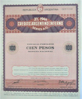 Credito Argentino Interno - 3% 1946 - Cien Pesos (1966) - Banca & Assicurazione