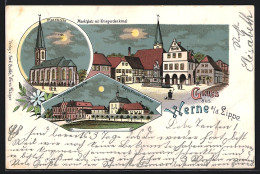 Lithographie Werne A. D. Lippe, Christophorus-Hospital, Marktplatz Mit Kriegerdenkmal, Pfarrkirche  - Werne