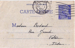 MERCURE N° ENTIER POSTAL SPR-CL1 DE ROANNE/22.1.41 - 1938-42 Mercure