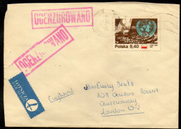 POLAND 1981 SOLIDARITY SOLIDARNOSC PERIOD MARTIAL LAW OCENZUROWANO CENSORED MAUVE CACHET WITH NO NUMBER SOSNOWIEC TO UK - Brieven En Documenten