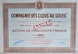 Compagnie Des Clous 'au Soleil' - Action De 500 Francs - Paris - 1948 - Altri & Non Classificati