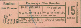 Titre Ticket De Transport Tramways Rive Gauche Seine Porte De Vincennes Pt De Charenton Pte D'Orléans Rte Fontainbleau - Europa