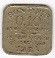 69, Rhône.  Lyon . Chambre Syndicale Des Commissionnaires En Primeurs  10 Centimes 1921, En Laiton - Monetary / Of Necessity