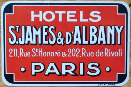 France Paris Saint James & D' Albany Hotel Label Etiquette Valise - Hotel Labels