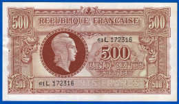 BILLET DU TRÉSOR 500 FRANCS MARIANNE TYPE 4 JUIN 1945 RÉPUBLIQUE FRANÇAISE N° 61 L 172316 (1 PLI + 2 TROUS) - 1943-1945 Marianna