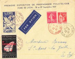 SEMEUSE 5C + PAIX 50C VIGNETTE ENV PREMIERE EXPOSITION DE PROPAGANDE PHILATELIQUE FOIRE DE LYON 18-27/9/1937 - TDA29) - Philatelic Fairs