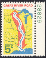 !a! USA Sc# 1319 MNH SINGLE W/ Right Margin & Plate-# 28829 - Great River Road - Nuovi