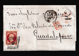 1858 (26 JUN) Bayona (Francia)a  A Guadalajara (México) 80 Cts Carmín Mat. PC “295” Y LONDON/ PAID”. - Mexico