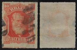 Brazil Year 1877 RHM-37L Stamp Emperor D. Pedro II 10 Réis Margin Inscription In English Used (Catalog US$125) - Gebruikt