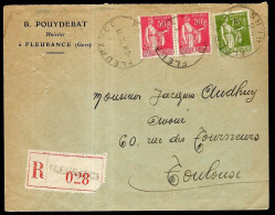 1935 Lettre Recommandée (32) FLEURANCE Gers, En-tête B. POUYDEBAT Avec Type Paix YT 283 (paire) + 284A Cachet Horoplan - 1932-39 Peace