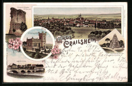 Lithographie Crailsheim, Jagstbrücke, Ruine Kloster Anhausen, Ortsansicht  - Crailsheim