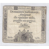 ASSIGNAT DE 15 SOLS - SERIE 1456 - 04/01/1792 - TB/TTB - Assignats