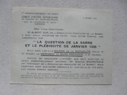 VIEUX PAPIERS - CONFERENCE SUR "La Question De La SARRE Et Le Plébiscite De Janvier 1935" - Programma's