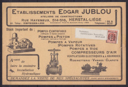 Carte-pub "Pompes Edgar Jublou Herstal" Affr. PREO Houyoux 3c [LIEGE/1924/LUIK] Pour Verreries Et Gobleteries Nouvelles  - Typografisch 1922-31 (Houyoux)