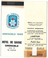 Pochette Pour Allumettes HOTEL De SAVOIE   Xèmes Jeux Olympiques D'Hiver De GRENOBLE 1968 Olympic Games 68 - Luciferdozen