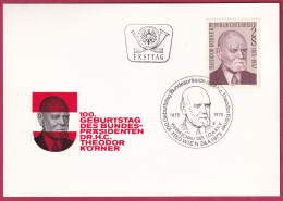 Österreich 1412 Ersttag Auf Karte 24. 4. 1973, 100. Geburtstag Von Theodor Körner (Nr.10.018) - FDC