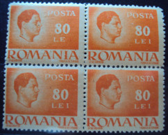 Rumänien, 1947, Mi 948, Mihai 1, 4 Block, 80 Lei, Obere Marke Links, Le Statt Lei, Abart, Postfrisch - Abarten Und Kuriositäten