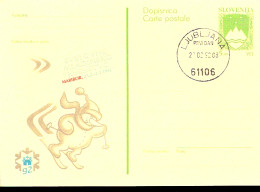 Cartolina Postale Slovenia Con Annullo FDC Per I Mondiali Di Sci Alpino In Slovenia 1992 - Sci