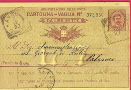 INTERO CARTOLINA VAGLIA UMBERTO 15/7 (INT.11) -ANNULLO TONDO RIQUADRATO "AVOLA*7.12.93*/(SIRACUSA)" PER PALERMO - Ganzsachen