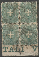 Regno 1896 Stemma Savoia Lineato #67 C.5 Verde In Quartina Usata Bordo Di Foglio - Afgestempeld