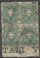 Regno 1896 Stemma Savoia Lineato #67 C.5 Verde In Quartina Usata Bordo Di Foglio - Oblitérés