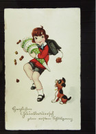 Grußkarte- Zeichnung: "Einschulung" Mädchen Mit Zuckertüte Und Hund Um 1930 - Beschrieben Ohne BM - Children's School Start