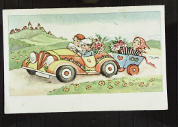 Grußkarte- Zeichnung: "Einschulung" Auto Mit 3 Kinderum 1930 - Beschrieben Ohne BM - Children's School Start
