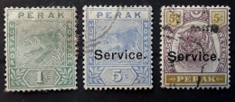 MALAYA PERAK 1890 - 1894 , 3 Timbres Tiger Tigre  Yvert No 13, Service 10 & 11 Obl TB - Perak