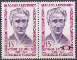 18195 Variété : N° 1199 Yvonne Le Roux Habit En Partie Rose Tenant à Normal   ** - Unused Stamps