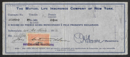 Portugal Facture Assurance Timbre Fiscal 1916  Mutual Life Insurance Co. New York Receipt Revenue Stamp - Covers & Documents