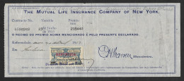 Portugal Facture Assurance Timbre Fiscal 1913 Surcharge Republica Overprint Mutual Life Insurance Co. New York Revenue - Storia Postale