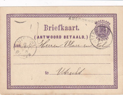 Briefkaart (antwoord Betaald.) 8 Mei 1875 Amerongen (hulpkantoor Naamstempel) Via Amsterd Emm (spoor) Naar Utrecht - Poststempels/ Marcofilie