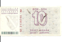 BOSNIE HERZEGOVINE 10 DINARA 1992 VG+ P 21 - Bosnia And Herzegovina