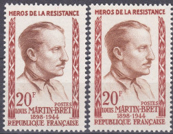 18215 Variété : N° 1201 Louis Martin-Bret Portrait Brun Clair Au Lieu De Brun  + Normal ** - Unused Stamps