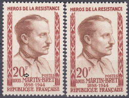 18220 Variété : N° 1201 Louis Martin-Bret Défaut D'essuyage + Normal ** - Unused Stamps