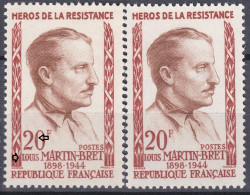 18221 Variété : N° 1201 Louis Martin-Bret 0 De 20f Coupé Et Lettres De LOUIS évidés + Normal ** - Unused Stamps