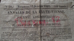 LES ANNALES DE LA HAUTE VIENNE, 1827, Journal Administratif Politique Littéraire  La Haute Vienne, Limoges, N°28 - 1800 - 1849