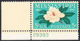 !a! USA Sc# 1337 MNH SINGLE From Lower Left Corner W/ Plate-# 29383 - Mississippi Statehood - Nuovi