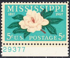 !a! USA Sc# 1337 MNH SINGLE W/ Bottom Margin & Plate-# 29377 - Mississippi Statehood - Nuovi