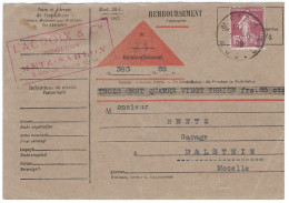 CARTE De REMBOURSEMENT -  Lot 13 Cartes - Voir Scannes - Metz à Dalstein De 1928 à 1933 - Semeuse N°189 - Tarifs Postaux