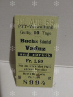 Switzerland Suisse Liechtenstein. Railway Train Ticket BUCHS - VADUZ 1959 - Europa