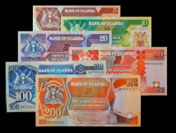 # # # Set 6 Banknoten Uganda 5 Bis 200 Shillings 1991/98 (P-27 Bis P-32) UNC # # # - Uganda