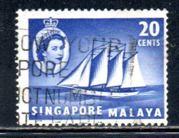 SINGAPORE MALAYA MALAISIE MALESIA 1955 COCOS-KEELING SCHOONER 20c USATO USED OBLITERE' - Singapur (...-1959)